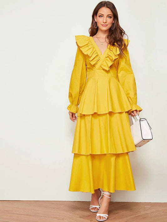 CM-DS624565 Women Elegant Seoul Style Layered Ruffle Hem Tie Back V-Neck Dress - Yellow
