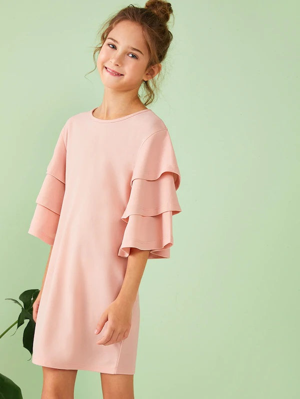 CM-KD531381 Girls Seoul Style Layered Bell Sleeve Solid Dress - Light Pink