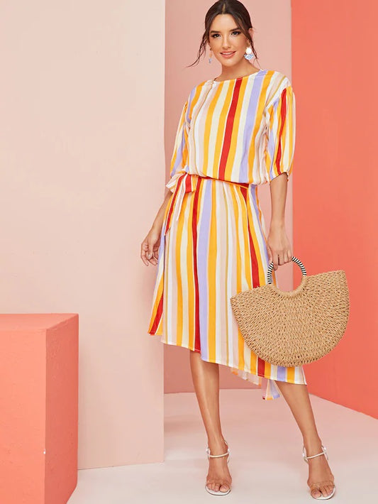 CM-DS625868 Women Casual Seoul Style Half Sleeve Stripe Knot Front Asymmetrical Hem Dress