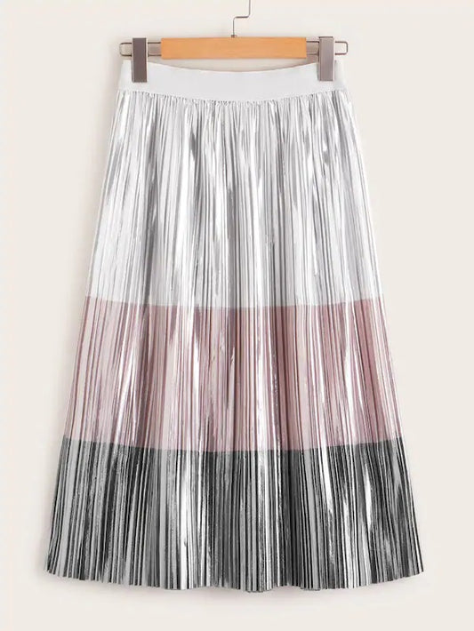 CM-BS606106 Women Elegant Seoul Style Mid Waist Colorblock Pleated Metallic Skirt