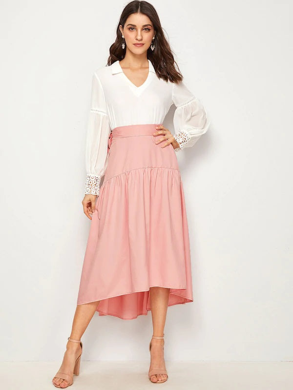 CM-BS625049 Women Casual Seoul Style Self Tie High Waist Side Asymmetrical Hem Skirt - Pink