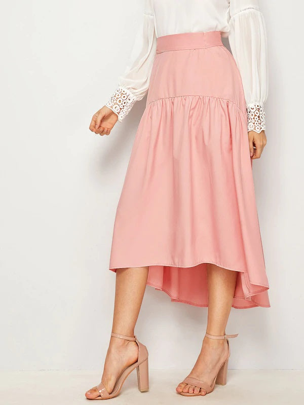 CM-BS625049 Women Casual Seoul Style Self Tie High Waist Side Asymmetrical Hem Skirt - Pink