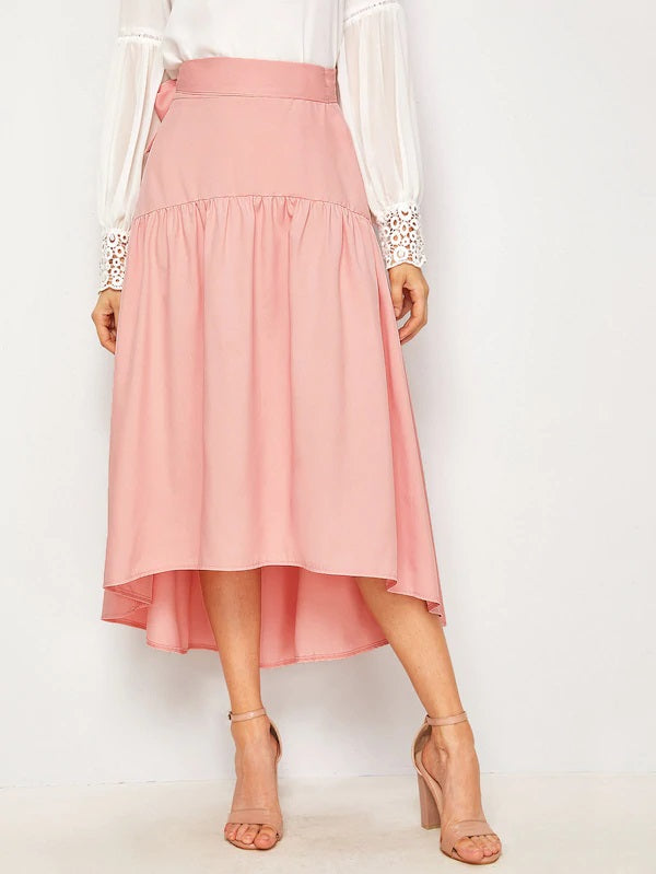 CM-BS625049 Women Casual Seoul Style Self Tie High Waist Side Asymmetrical Hem Skirt - Pink