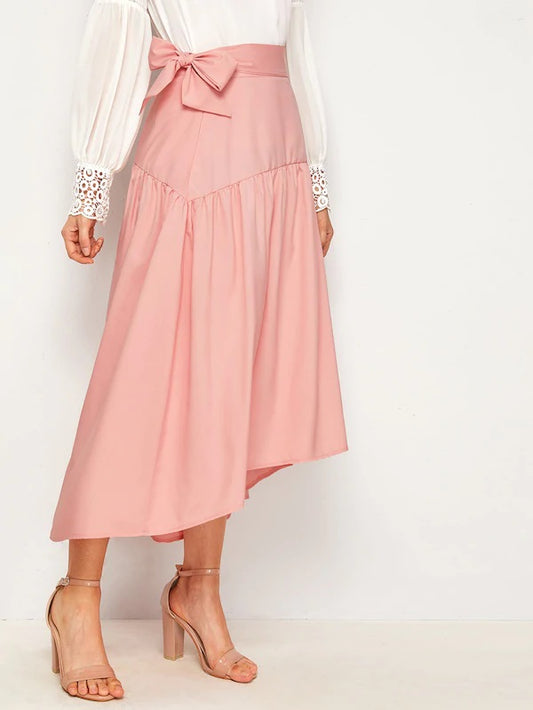 CM-BS625049 Women Casual Seoul Style Self Tie High Waist Side Asymmetrical Hem Skirt - Pink