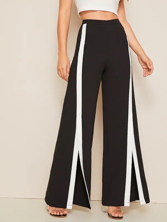 CM-BS625316 Women Elegant European Style Contrast Panel Slit Hem Wide Leg Pants - Black