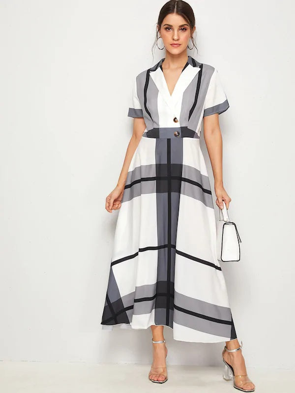 CM-DS605968 Women Casual Seoul Style Notch Collar Buttoned Front Plaid Flared Long Dress