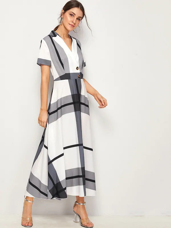 CM-DS605968 Women Casual Seoul Style Notch Collar Buttoned Front Plaid Flared Long Dress