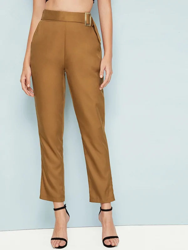 CM-BS613523 Women Elegant Seoul Style High Waist Solid Belted Tailored Pants - Brown