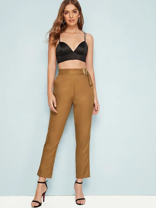 CM-BS613523 Women Elegant Seoul Style High Waist Solid Belted Tailored Pants - Brown