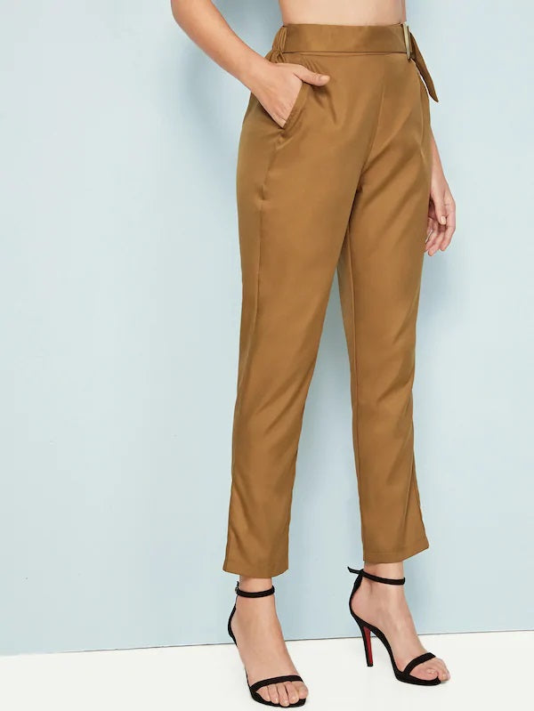 CM-BS613523 Women Elegant Seoul Style High Waist Solid Belted Tailored Pants - Brown