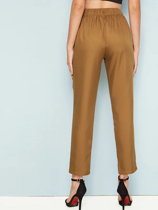 CM-BS613523 Women Elegant Seoul Style High Waist Solid Belted Tailored Pants - Brown