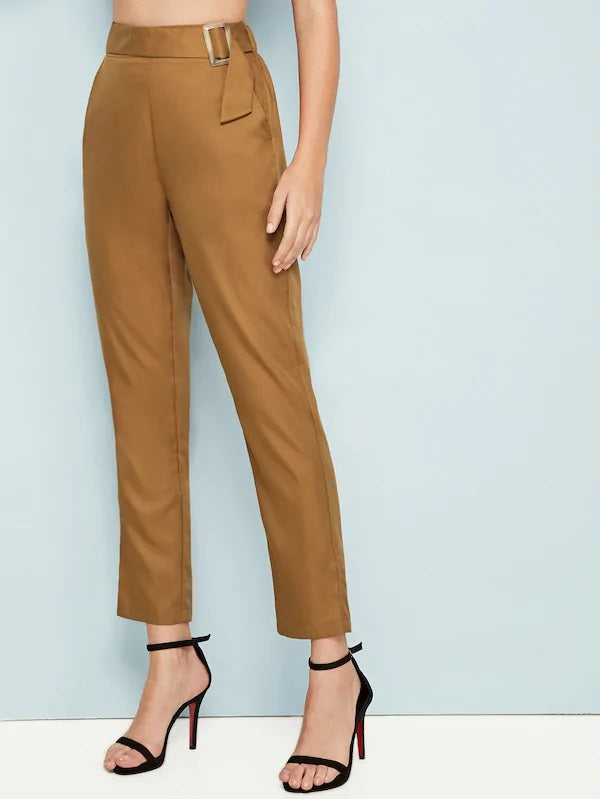 CM-BS613523 Women Elegant Seoul Style High Waist Solid Belted Tailored Pants - Brown