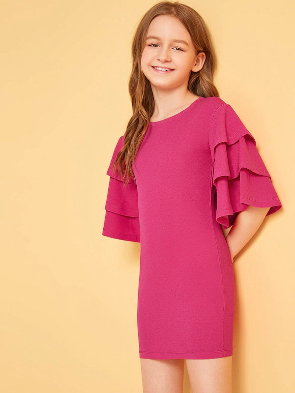 CM-KD531362 Girls Seoul Style Layered Bell Sleeve Solid Dress - Dark Pink