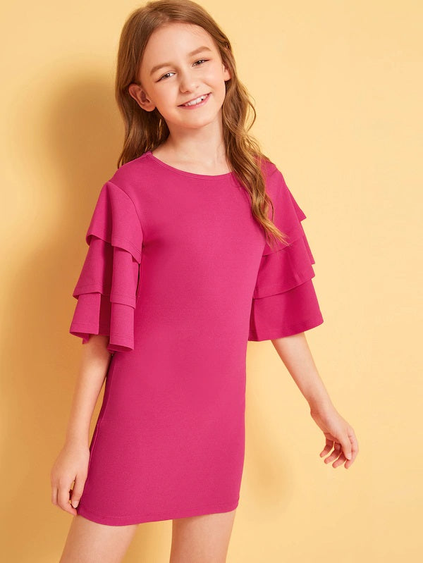 CM-KD531362 Girls Seoul Style Layered Bell Sleeve Solid Dress - Dark Pink