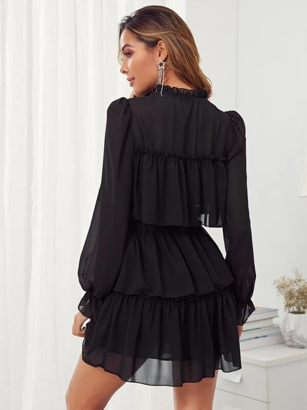 CM-DS530990 Women Elegant Seoul Style Tie Neck Ruffle Trim Layered Dress - Black