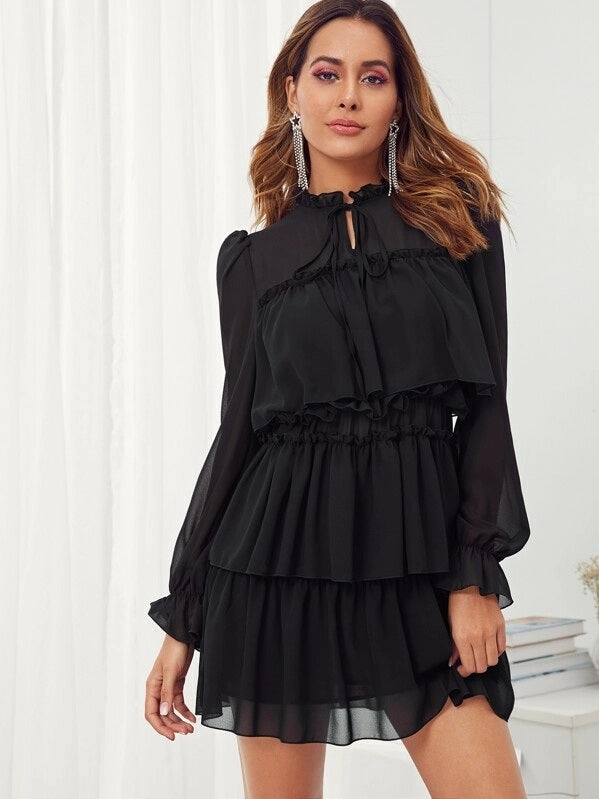 CM-DS530990 Women Elegant Seoul Style Tie Neck Ruffle Trim Layered Dress - Black