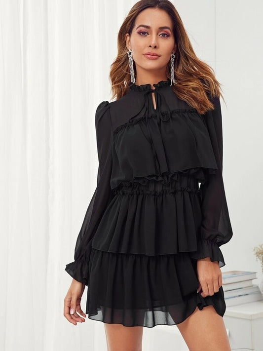 CM-DS530990 Women Elegant Seoul Style Tie Neck Ruffle Trim Layered Dress - Black
