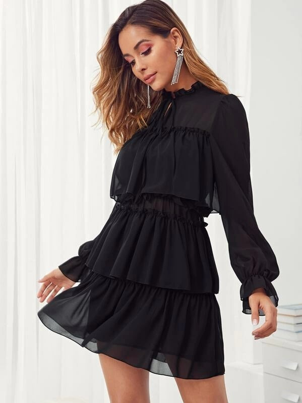 CM-DS530990 Women Elegant Seoul Style Tie Neck Ruffle Trim Layered Dress - Black