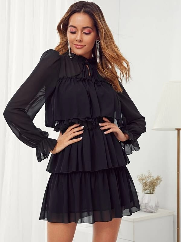 CM-DS530990 Women Elegant Seoul Style Tie Neck Ruffle Trim Layered Dress - Black
