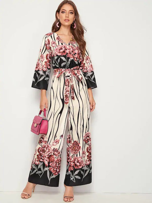 CM-JS605783 Women Casual Seoul Style Floral Print Surplice Neck Bell Sleeve Wide Leg Jumpsuit