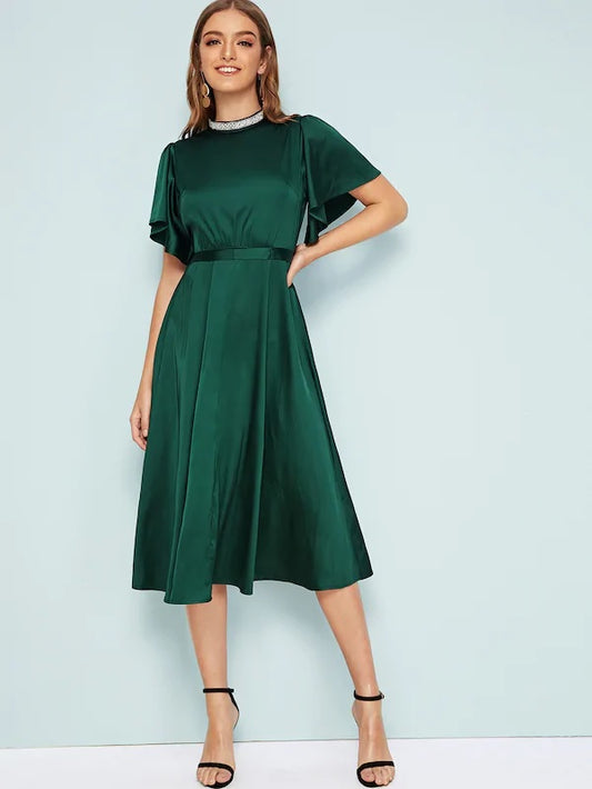 CM-DS606830 Women Elegant Seoul Style Flounce Sleeve Tie Back Cut-Out Satin Midi Dress - Green