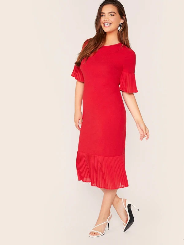 CM-DP613132 Plus Size Elegant Seoul Style Pleated Ruffle Trim Bodycon Dress - Red