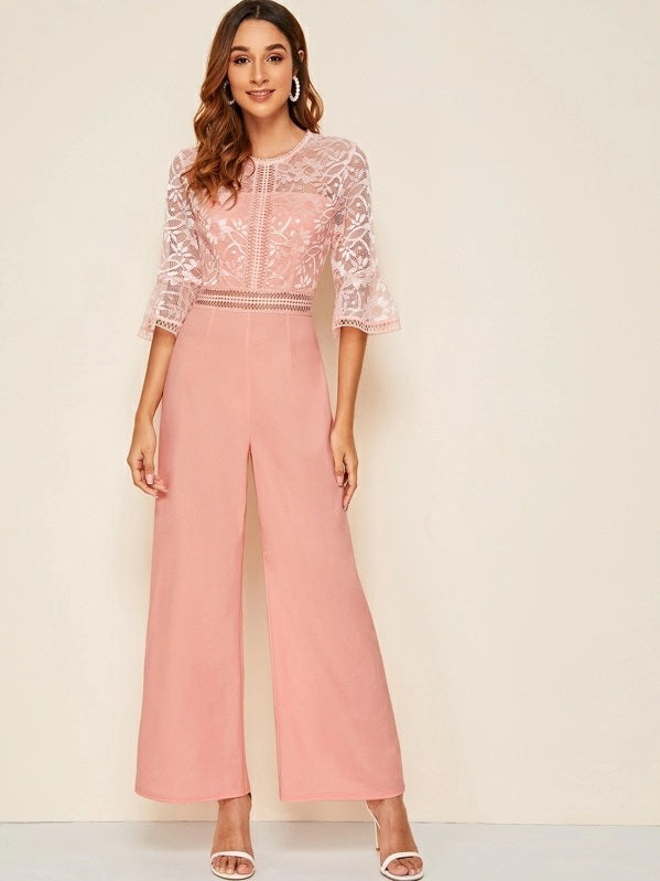 CM-JS626792 Women Elegant Seoul Style Zipper Back Lace Bodice Palazzo Jumpsuit - Pink