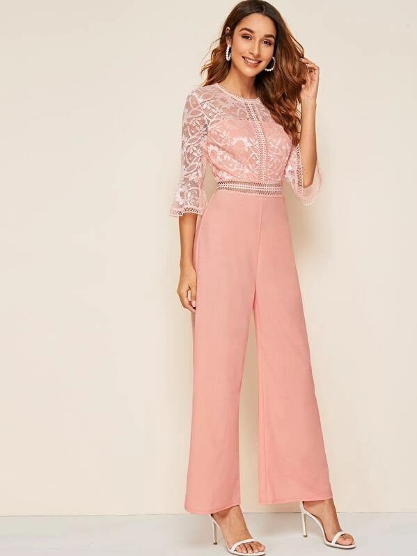 CM-JS626792 Women Elegant Seoul Style Zipper Back Lace Bodice Palazzo Jumpsuit - Pink