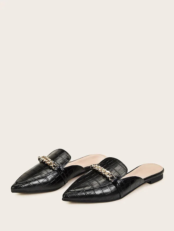 CM-SHS627726 Women Elegant Seoul Style Chain Croc Embossed Flat Mules - Black