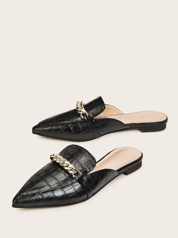 CM-SHS627726 Women Elegant Seoul Style Chain Croc Embossed Flat Mules - Black