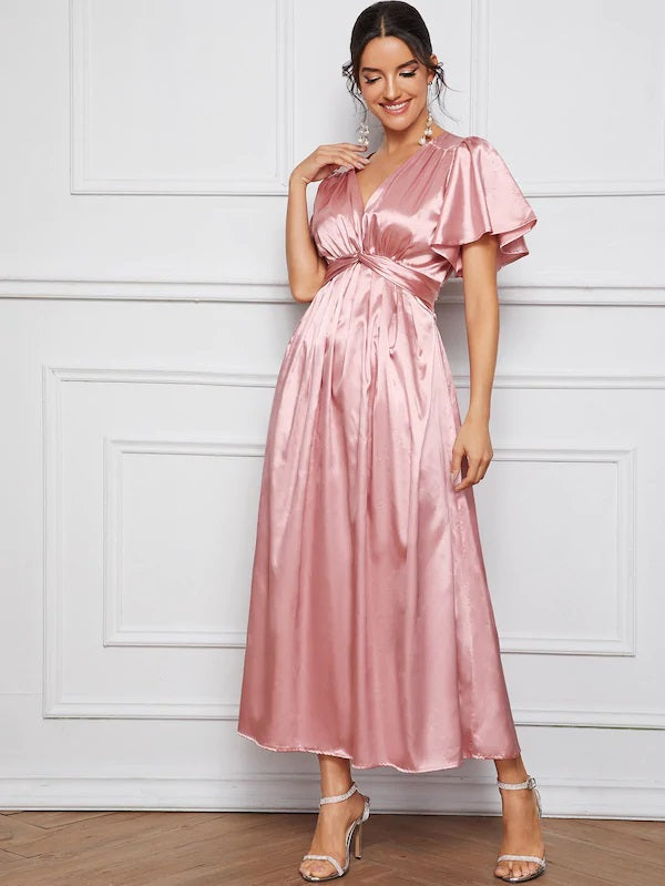 CM-DS628997 Women Casual Seoul Style Satin Twist Front Butterfly Sleeve A-Line Dress - Pink