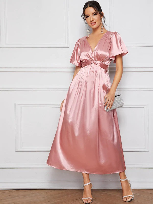 CM-DS628997 Women Casual Seoul Style Satin Twist Front Butterfly Sleeve A-Line Dress - Pink