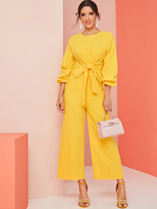 CM-JS628560 Women Casual Seoul Style Long Sleeve Solid Knot Front Wide Leg Jumpsuit - Yellow