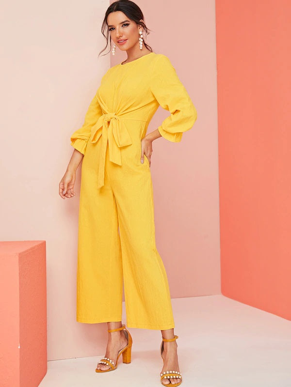 CM-JS628560 Women Casual Seoul Style Long Sleeve Solid Knot Front Wide Leg Jumpsuit - Yellow