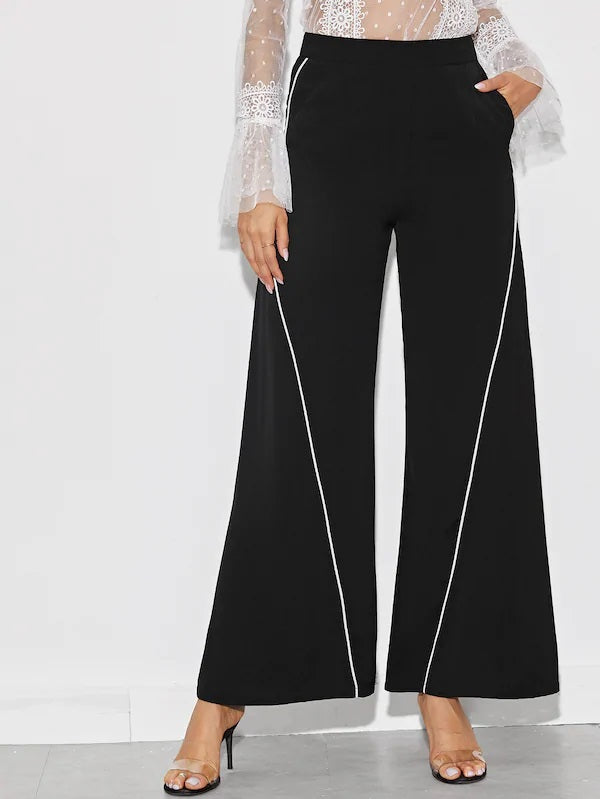 CM-BS606248 Women Elegant Seoul Style High Waist Contrast Piping Wide Leg Pants - Black