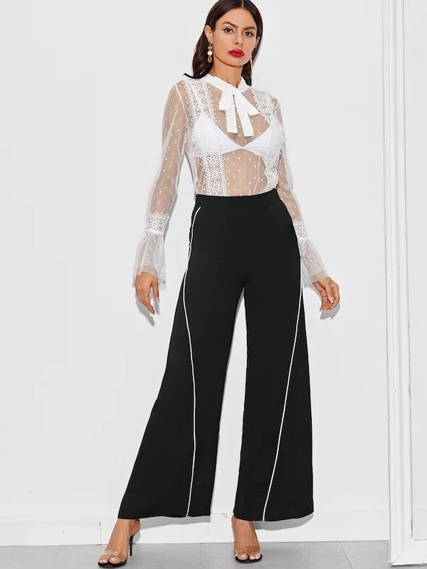 CM-BS606248 Women Elegant Seoul Style High Waist Contrast Piping Wide Leg Pants - Black