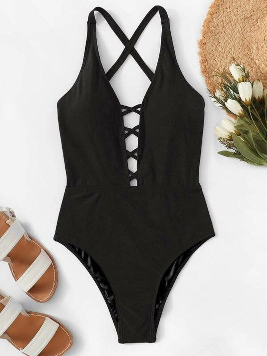 CM-SWS625801 Women Trendy Seoul Style Criss Cross Ruched Backless One Piece Swimsuit - Black