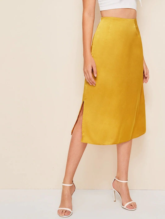 CM-BS604572 Women Casual Seoul Style Mid Waist Solid Split Side Satin Skirt - Yellow