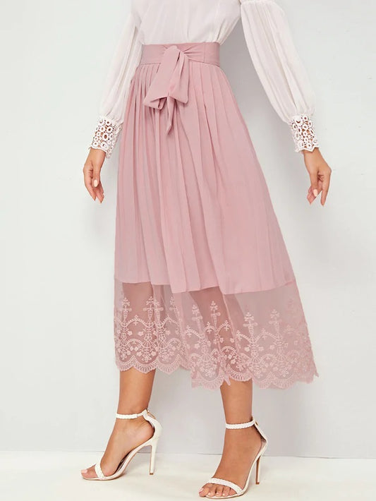 CM-BS606273 Women Casual Seoul Style Knot Detail Embroidery Mesh Hem Pleated Skirt - Pink