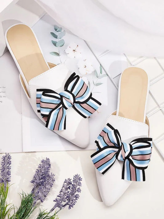 CM-SHS701570 Women Elegant Seoul Style Striped Bow Decor Flat Mules - White