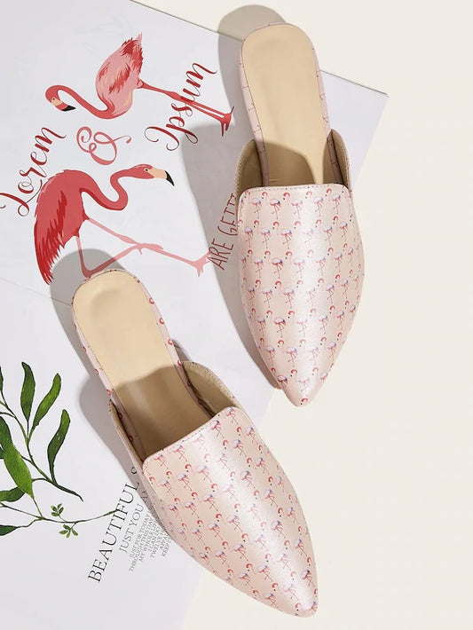 CM-SHS701927 Women Trendy Seoul Style Point Toe Flamingo Print Flat Mules - Pink
