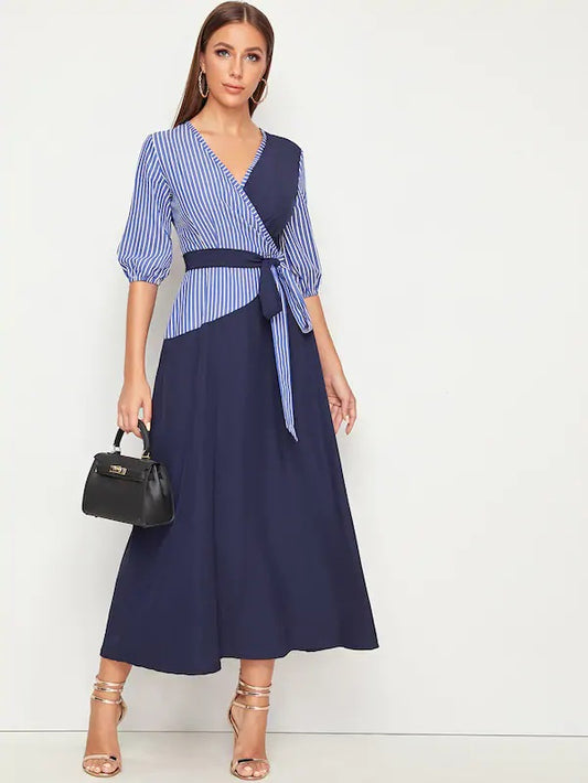 CM-DS701215 Women Casual Seoul Style 3/4 Sleeve V-Neck Tie Waist Stripe A-Line Dress - Navy Blue