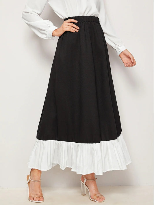 CM-BS702404 Women Casual Seoul Style High Waist Pleated Ruffle Hem A-Line Skirt - Black