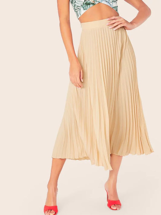 CM-BS612835 Women Casual Seoul Style High Waist Zipper Side Fit And Flare Pleated Skirt - Khaki