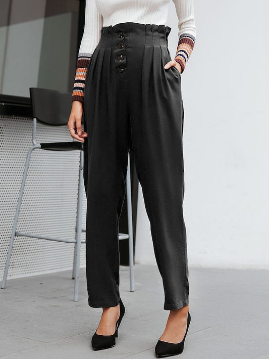 CM-BS702809 Women Casual Seoul Style High Waist Paperbag Waist Button Front Pleated Pants - Black