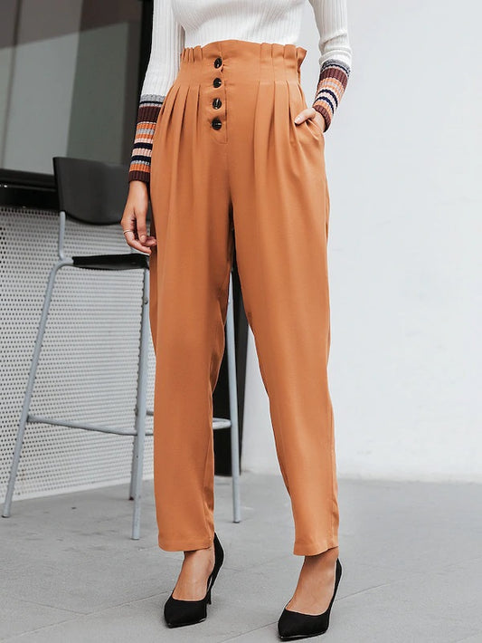 CM-BS702668 Women Casual Seoul Style High Waist Paperbag Waist Button Front Pleated Pants - Camel