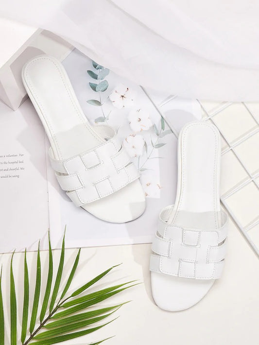 CM-SHS702582 Women Casual Seoul Style Open Toe Braided Detail Sliders - White