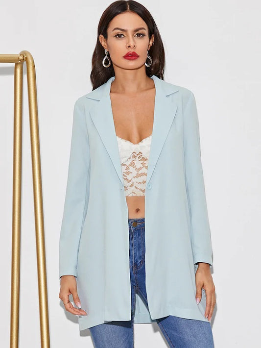CM-CS624674 Women Trendy Seoul Style Long Sleeve Solid Single Button Longline Blazer - Blue