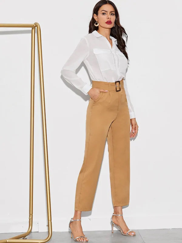 CM-BS614664 Women Casual Seoul Style High Waist Solid Belted Straight Leg Crop Pants - Khaki