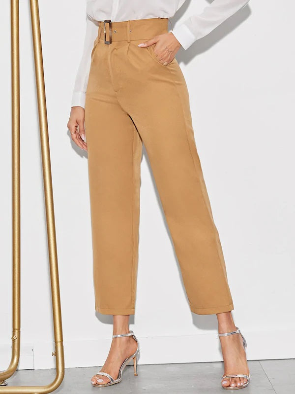 CM-BS614664 Women Casual Seoul Style High Waist Solid Belted Straight Leg Crop Pants - Khaki